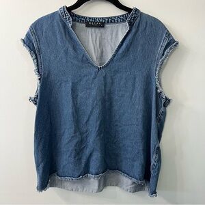 Maven Denim V Neck Cap Sleeve Fringe Hem Top Medium
